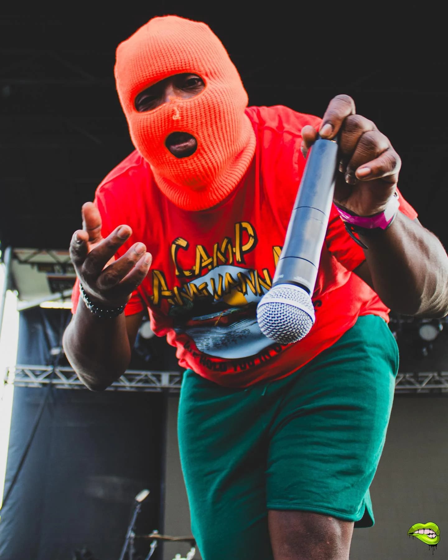 Energetic concert performer with microphone